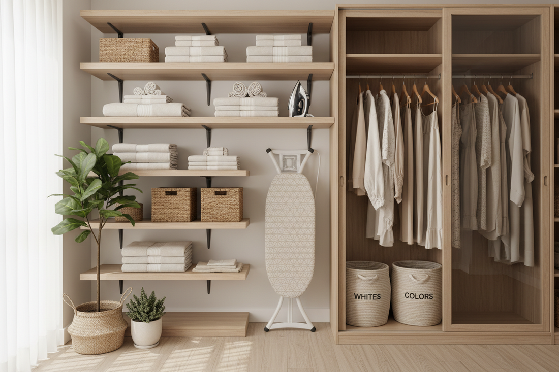 Create an Organized Laundry & Closet Space with Decorative Storage and Practical Ironing Essentials
