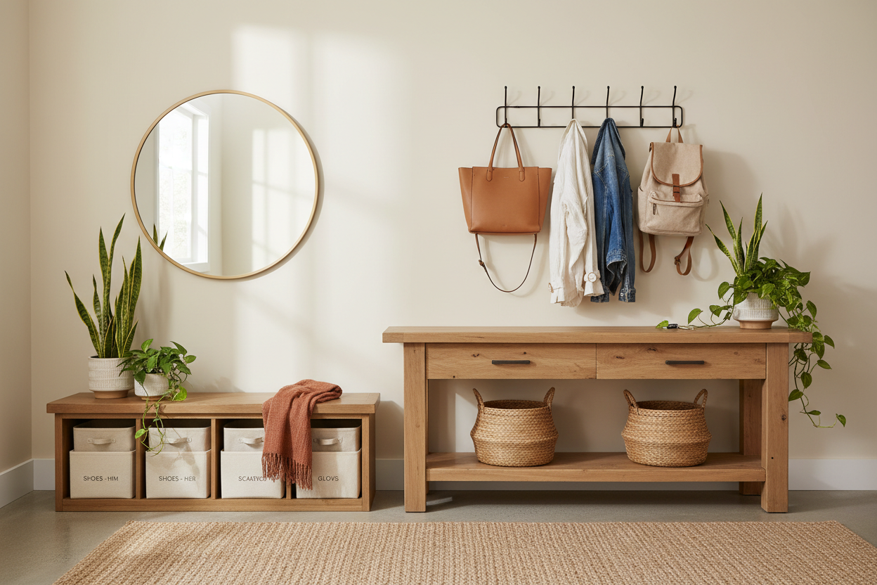 Entryway Command System Using Entryway Furniture, Adhesive Hooks, and Labels