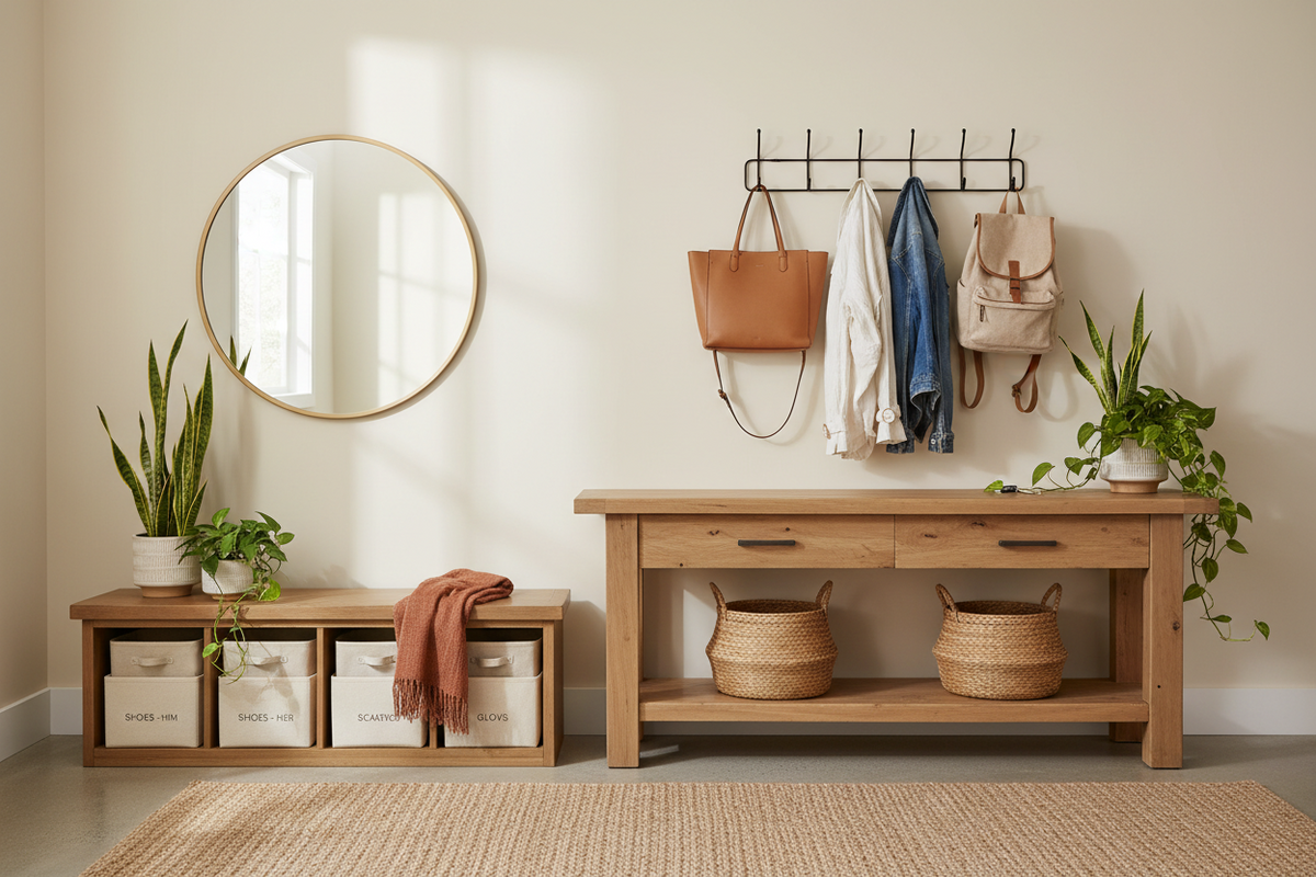 Entryway Command System Using Entryway Furniture, Adhesive Hooks, and Labels
