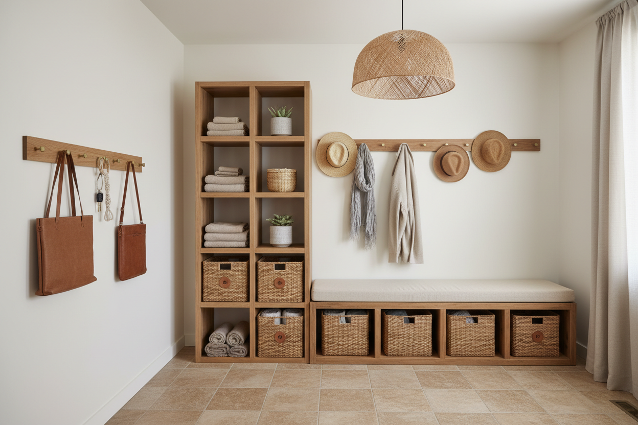 Entryway Efficiency System Using Entryway Furniture, Storage & Organization, and Adhesive Hooks