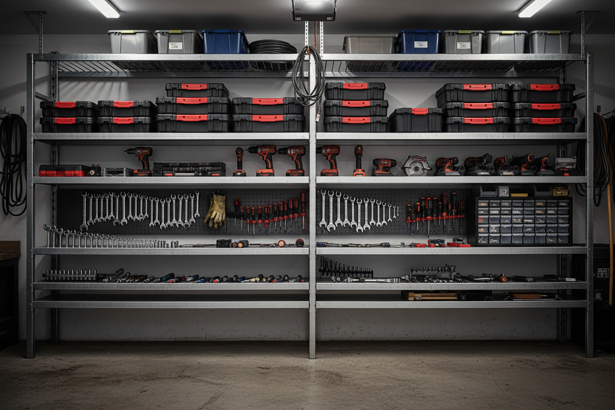 Heavy-Duty Utility System Design Using Racks, Garage Storage, and Tool Trays