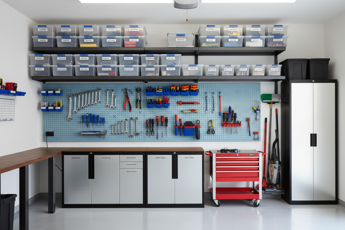 High-Efficiency Garage System Using Garage Storage, Tool Trays, and Storage & Organization