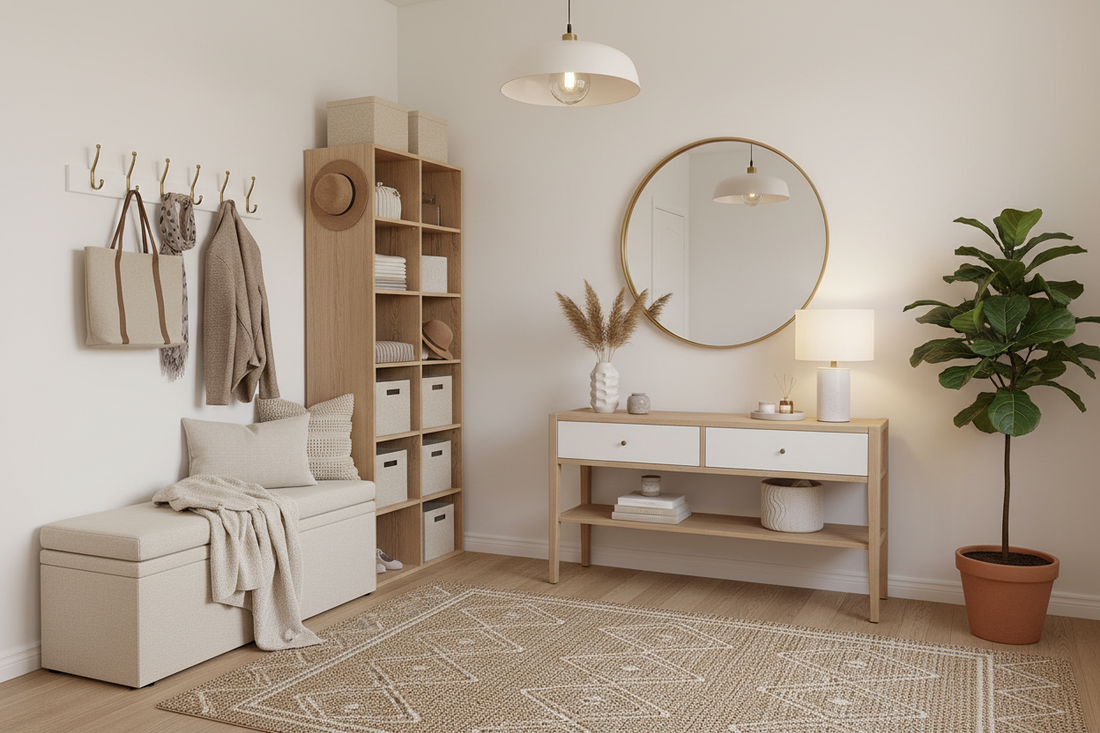 High-Function Home Entry Systems Using Entryway Furniture, Clothing & Closet Storage, and Adhesive Hooks