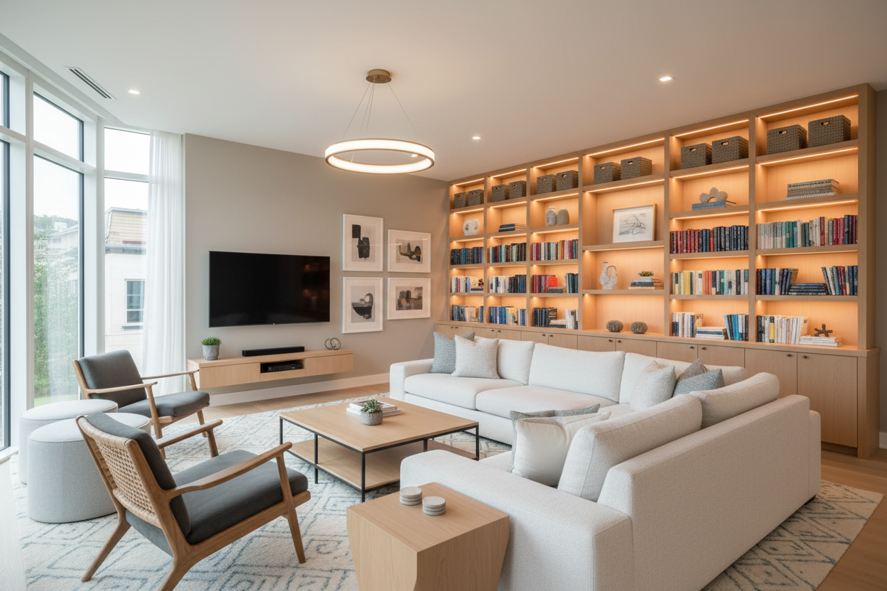 Living Room Efficiency Design Using Chairs & Sofas, Furniture, and Home Organization Systems