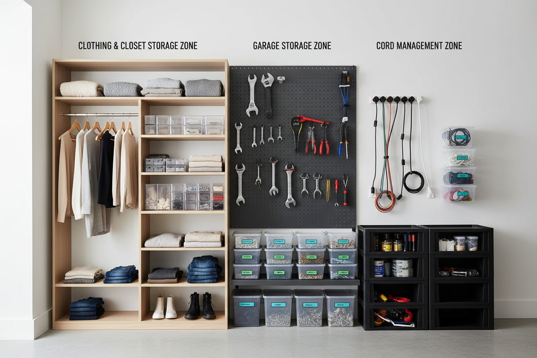 Multi-Zone Utility System Using Clothing & Closet Storage, Garage Storage, and Cord Management