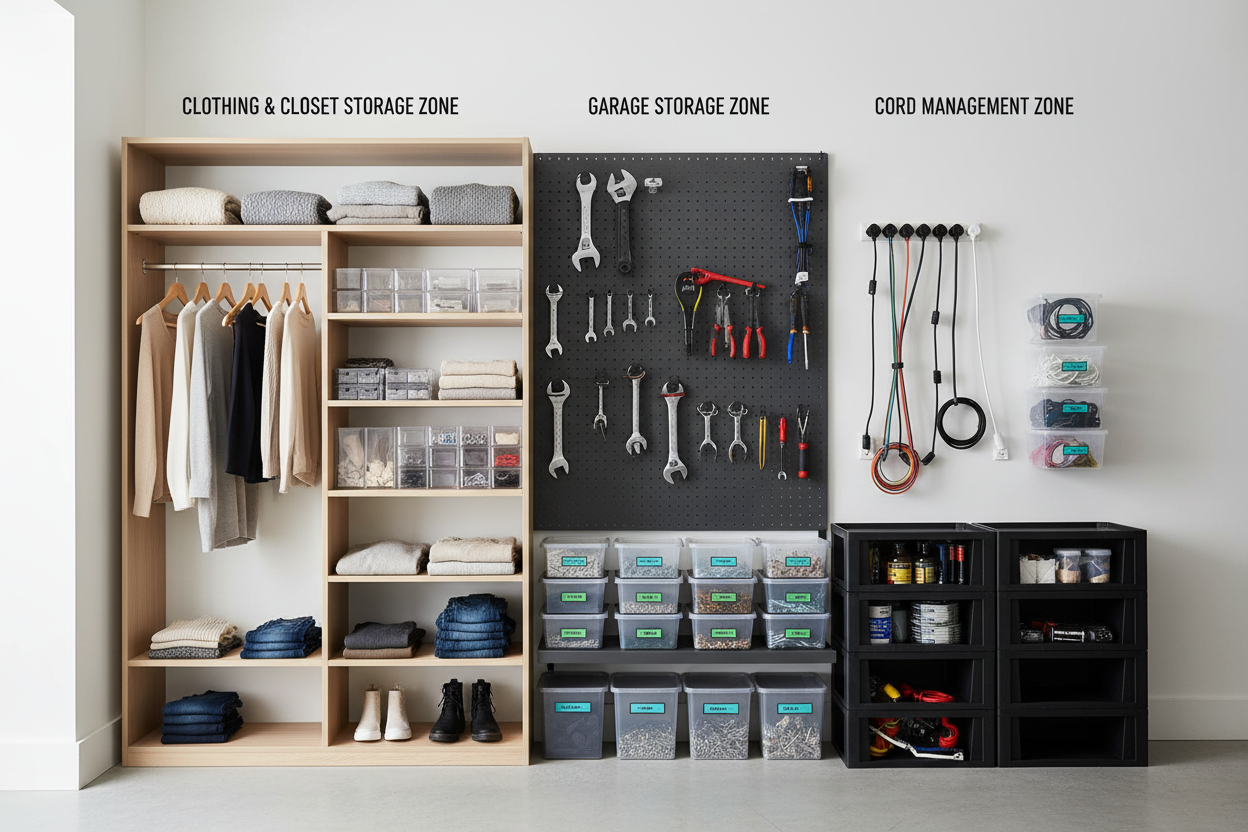 Multi-Zone Utility System Using Clothing & Closet Storage, Garage Storage, and Cord Management