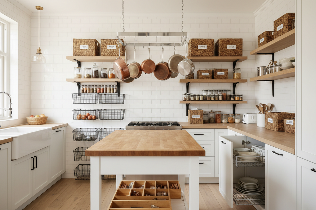 Smart Kitchen Organization with Racks, Baskets, and Kitchen Fixtures