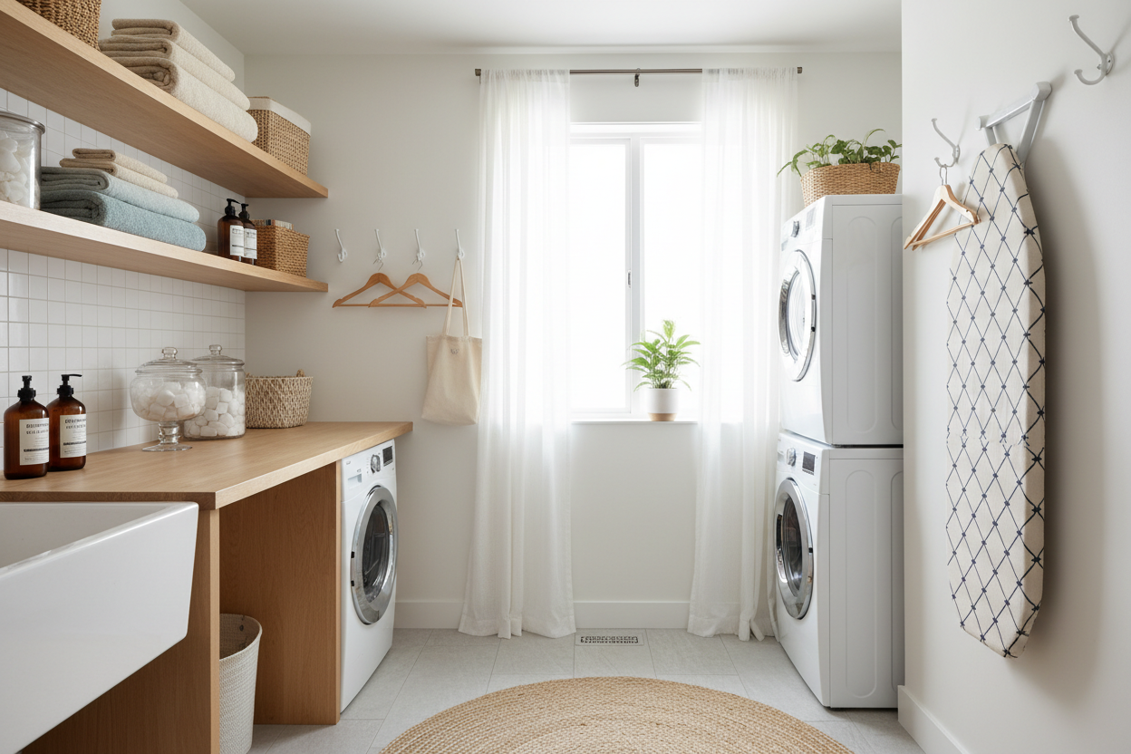 Smart Laundry Room Upgrades with Laundry Storage, Ironing Board Covers, and Adhesive Hooks
