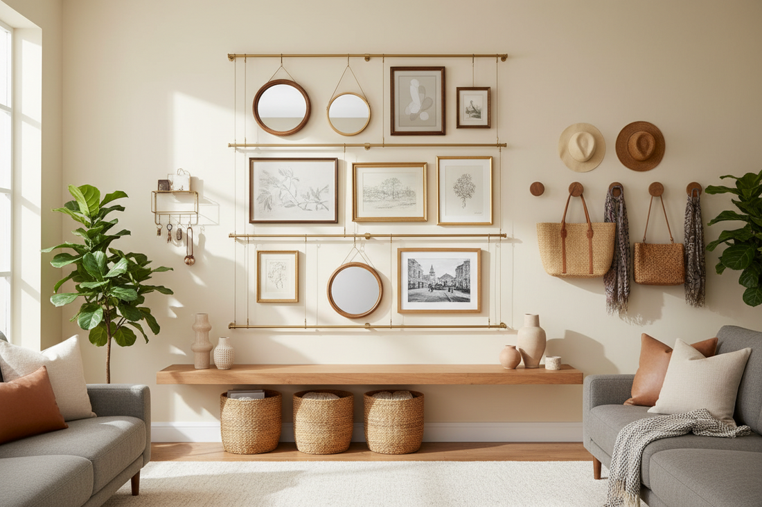 Wall-Optimized Interior System Using Picture Hangers, Furniture, and Home Organization