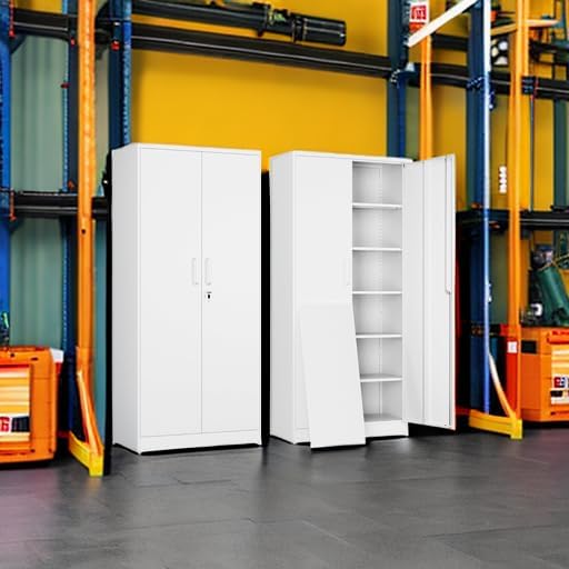 Yizosh Metal Garage Storage Cabinet with 2 Doors and 5 Adjustable Shelves - 71" Steel Lockable File Cabinet,Locking Tool Cabinets for Office,Home,Garage,Gym,School (White) - Image 6