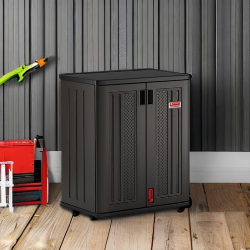 Suncast Heavy-Duty Resin Outdoor Storage Cabinet, 30" W x 20.25" D x 36" H Dark Grey Base Garage Storage Cabinet with Lockable Doors and Metal Reinforced Shelves, Made in The USA - Image 6