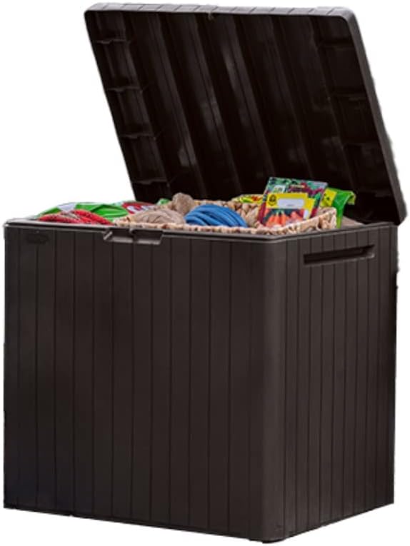 Keter City 30 Gallon Resin Outdoor Storage Box and Patio Furniture Side Table for Pool and Garden Accessories, Brown by Keter