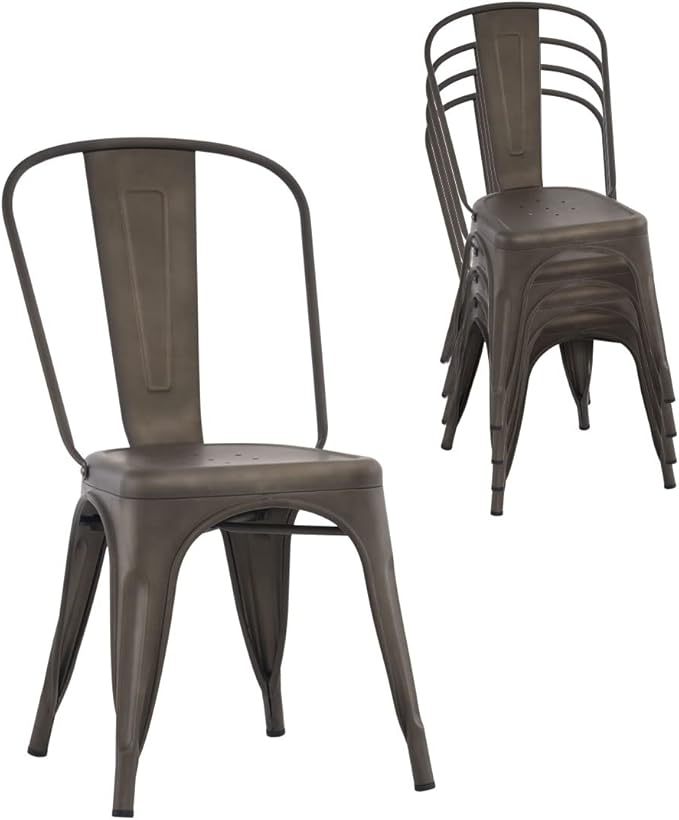 Nazhura Metal Dining Chair Farmhouse Tolix Style for Kitchen Dining Room Café Restaurant Bistro Patio, 18 Inch, Stackable, Waterproof Indoor/Outdoor (Sets of 4) (Steel Seat, Bronze) by NazhuraGoodCompanionAtHome