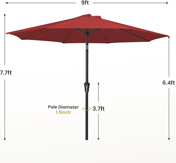 MEWAY 9ft Patio Umbrella Outdoor Table Umbrellas with Push Button Tilt and Crank, Market Umbrella 8 Sturdy Ribs for Deck, Garden, Pool and Backyard, Red - Image 7
