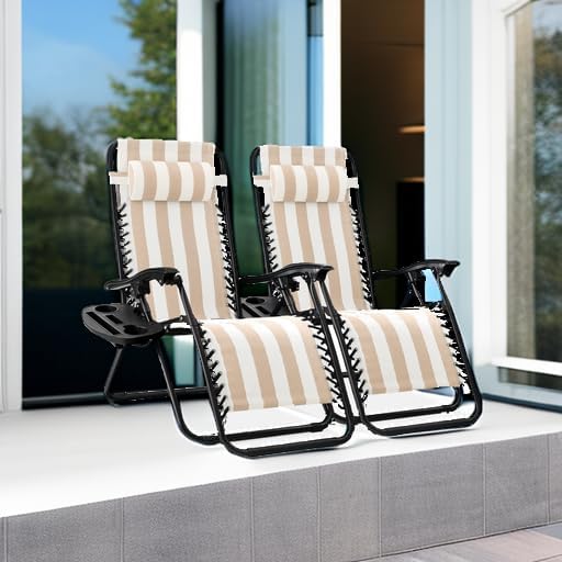 Best Choice Products Set of 2 Adjustable Steel Mesh Zero Gravity Lounge Chair Recliners w/Pillows and Cup Holder Trays - Tan Striped - Image 5