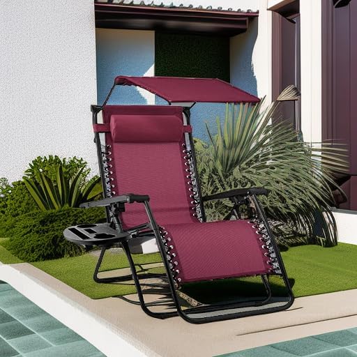 Best Choice Products Folding Zero Gravity Outdoor Recliner Patio Lounge Chair w/Adjustable Canopy Shade, Headrest, Side Accessory Tray, Textilene Mesh - Burgundy - Image 5