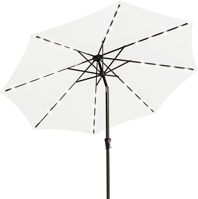 JEAREY 9FT Outdoor Patio Umbrella with Solar Lights, LED Lighted Pool Umbrella with Tilt and Crank, Outdoor Table Umbrellas for Deck, Yard & Market (Cream White) by JEAREYOutdoorsCollection