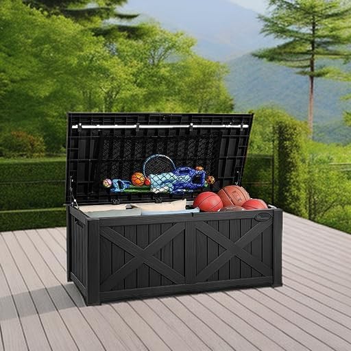 YITAHOME 150 Gallon Large Deck Box with X-Shaped Front, Resin Outdoor Storage Boxes, Waterproof Cushion Storage Bench for Patio, Pool Supplies, Garden Tools - Lockable, Black - Image 5
