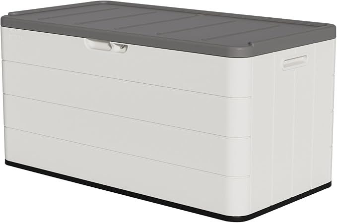 TARKARI Premium Pro Edition 100 Gallon Lockable Resin Deck Box, Waterproof & UV-Resistant Outdoor Storage Box for Outdoor Cushion Storage, Garden Tools & Pool Accessories Storage, White by Home