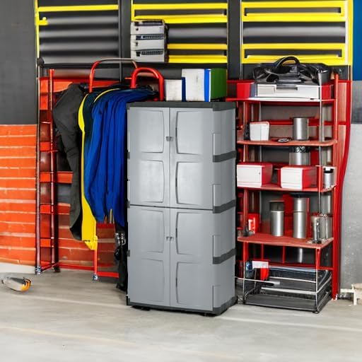 Rubbermaid Freestanding Storage Cabinet Five Shelf with Double Doors Lockable Large 690-Pound Capacity Gray For Garage/Outdoor Garden Tools/Toys/Power Tools/Pool Accessories Grey - Image 2