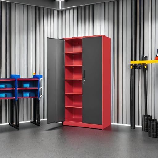 Yizosh Metal Garage Storage Cabinet with 2 Doors and 5 Adjustable Shelves - 71" Steel Lockable File Cabinet,Locking Tool Cabinets for Office,Home,Garage,Gym,School (Red Black) - Image 2