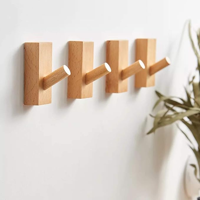 HomeDo 10Pack Adhesive Wall Hooks Hat Rack, Wooden Coat Hooks Wall Mounted by HomeDo