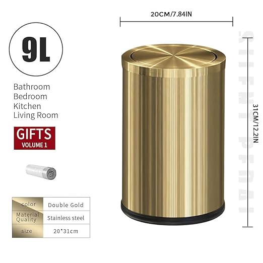 9L/2.4Gal Gold Trash Can, Brass Bathroom Garbae Can - Image 8