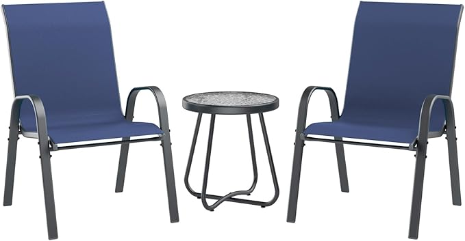 UDPATIO Patio Dining Set of 3, Outdoor Table and Chairs Set with Glass Table, 2 Stackable Patio Chairs with High Back, Outdoor Furniture Sets for Deck Garden Backyard Lawn Poolside (Blue) by UDPATIO