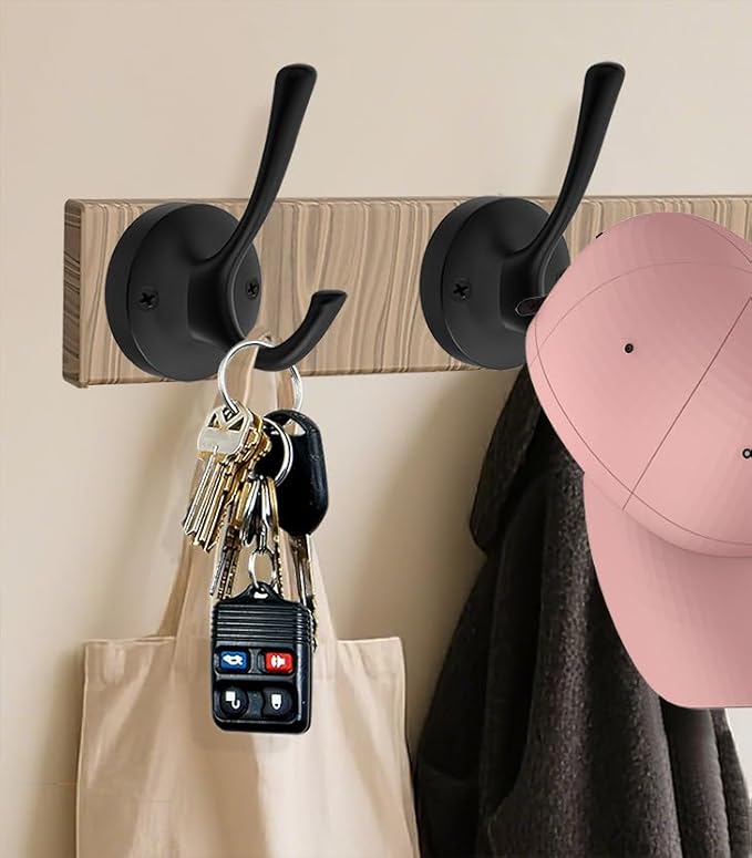 Black Towel Hooks, 2 Pack Coat Robe Hook Heavy Duty Metal Double Bathrobe Hook - Image 2