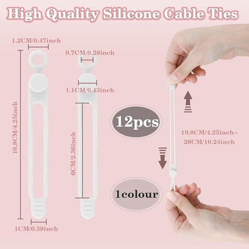 12Pcs White Silicone Cord Strap, Silicone Cable Ties, Reusable Cable Ties - Image 2