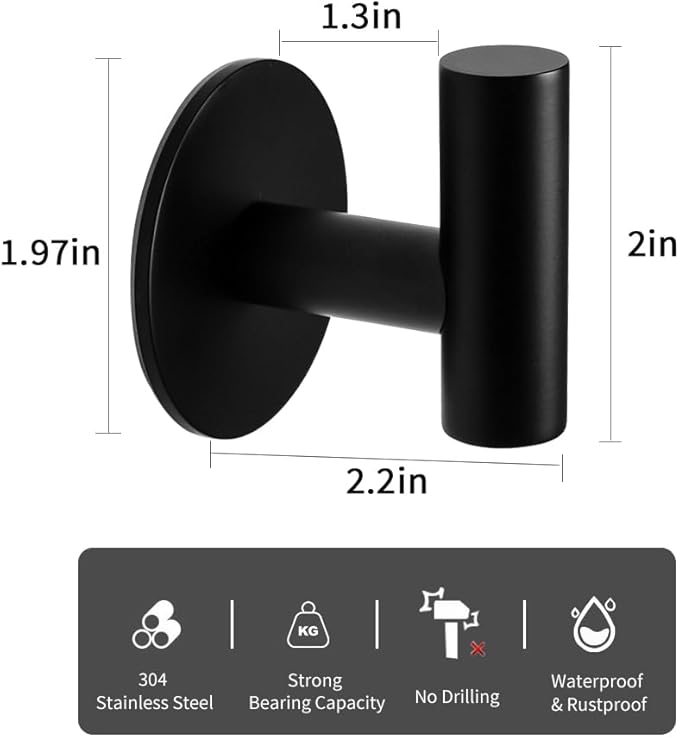 Self Adhesive Towel Hook Matte Black Coat Hook Brushed Nickel SUS304 Stainless - Image 2