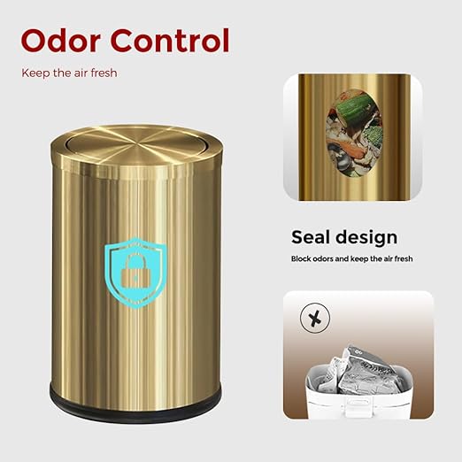 9L/2.4Gal Gold Trash Can, Brass Bathroom Garbae Can - Image 4