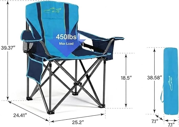 FAIR WIND 2 Pack Heavy Duty Camping Chair, Oversized Padded Folding Chair for Big and Tall (450lbs), Extra Wide Seat with Integrated Cooler & Storage Pocket, Adjustable Lumbar Support for Outdoor - Image 3