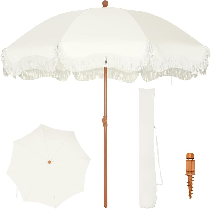 PHI VILLA 7ft Beach Umbrella with Fringe & Sand Anchor, Outdoor Patio Heavy Duty Windproof Portable Tassel Umbrellas for Sand with Push Button Tilt & Carrying Bag, UPF 50+, White(No Base) by PHIVILLAThepioneerofcomfortablehouseholdsupplies