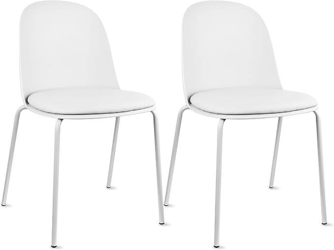 2xhome Modern Stackable Armless Dining Chair | Plastic Shell Seat with Metal Legs | Indoor or Outdoor Use | Home Kitchen Patio (2, White, Padded Seat) by 2xhome
