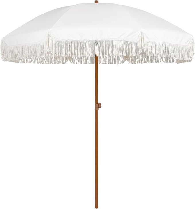 AMMSUN 7ft Patio Umbrella with Fringe Outdoor Tassel Umbrella UPF50+ Premium Steel Pole and Ribs Push Button Tilt, Cream White by AMMSUN