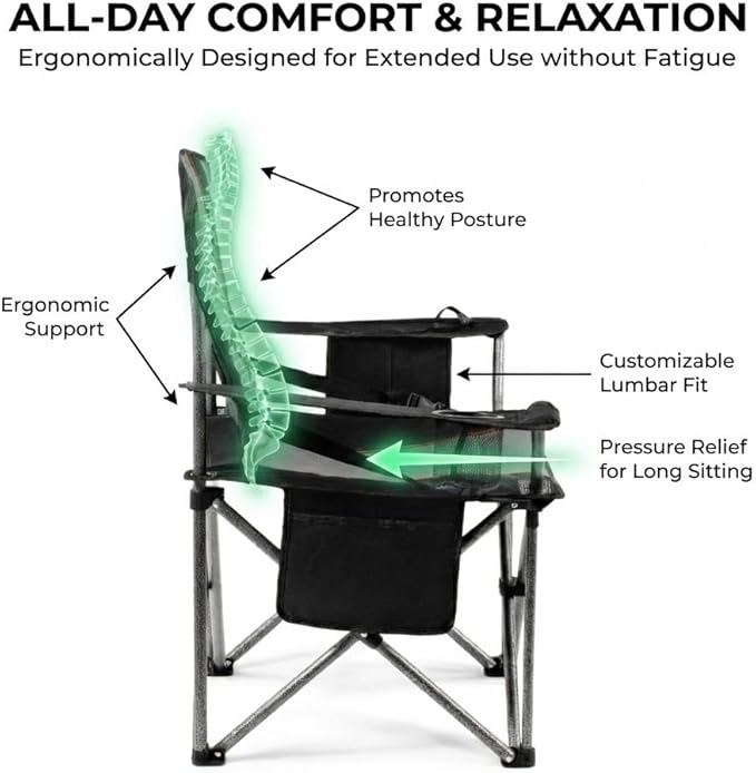 FAIR WIND 2 Pack Heavy Duty Camping Chair, Oversized Padded Folding Chair for Big and Tall (450lbs), Extra Wide Seat with Integrated Cooler & Storage Pocket, Adjustable Lumbar Support for Outdoor - Image 4
