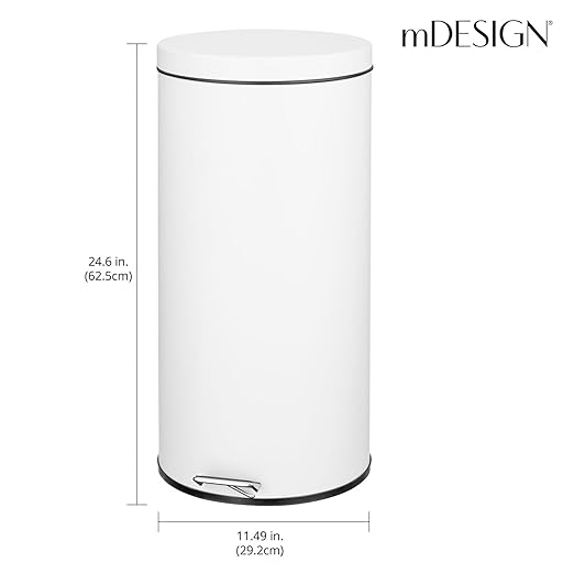 mDesign Tall 30 Liter, Large Round Metal Lidded Step Trash Can, Thin Compact - Image 2