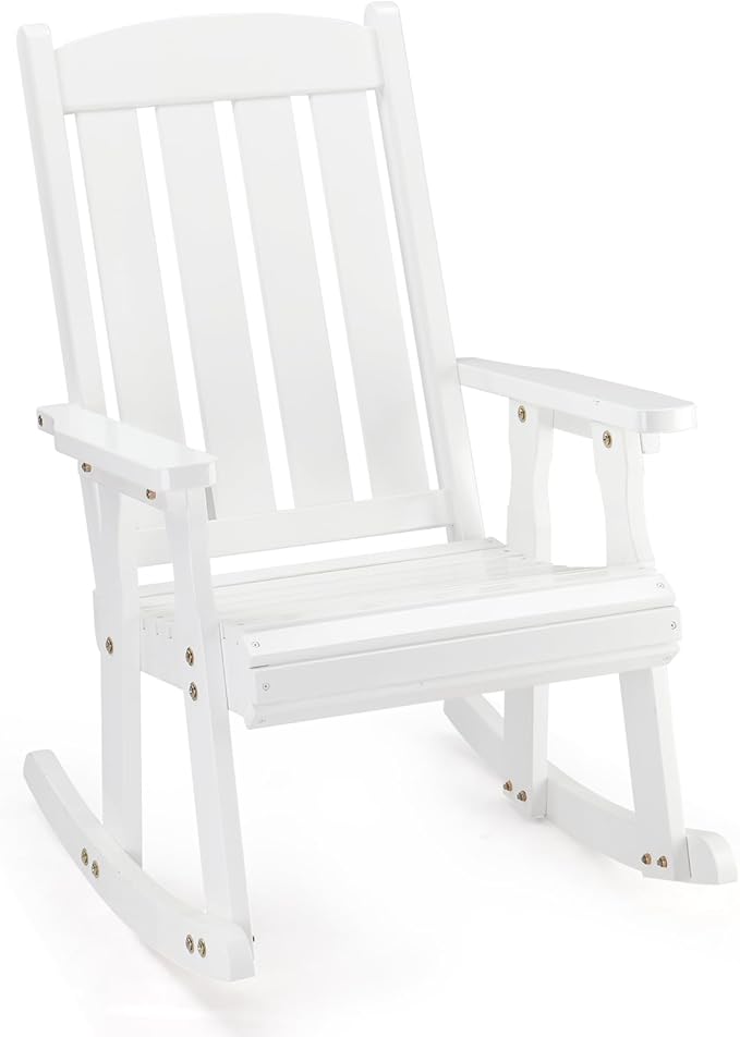 VINGLI Heavy Duty 600 LBS Outdoor Wooden Rocking Chair with Higher Backrest,Patio Rocking Chair with Ergonomic Design, Weatherproof Outdoor Rockers Suit for Patio, Garden, Balcony, Yard, White by VINGLI