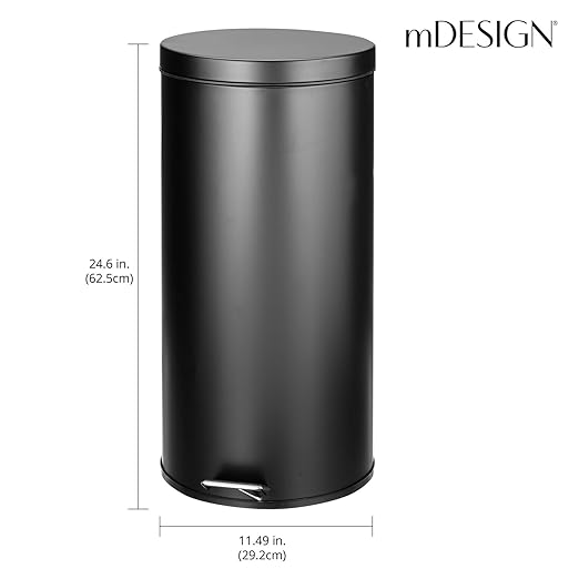 mDesign Tall 30 Liter / 7 Gallon Large Round Metal Lidded Step Trash Can - Image 2