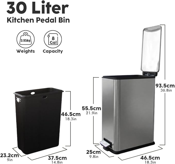 8 Gallon Trash Can with Lid, Stainless Steel Bathroom Garbage Can with Removal - Image 8