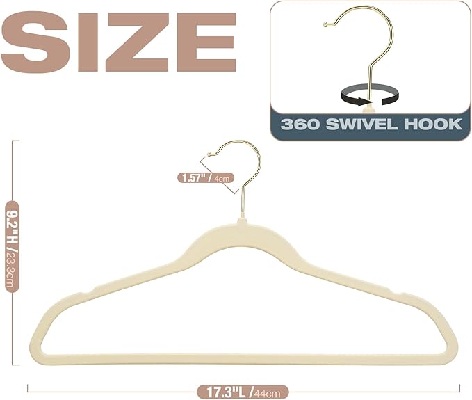 50 Pack Beige Velvet Hangers, Non Slip, Heavy-Duty, Space Saving, - Image 2
