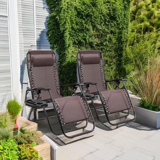 Homall Zero Gravity Patio Folding Lawn Chairs Outdoor Gravity Camp Reclining Lounge Chair with Pillows for Poolside Backyard and Beach Set of 2 (Brown) - Image 5