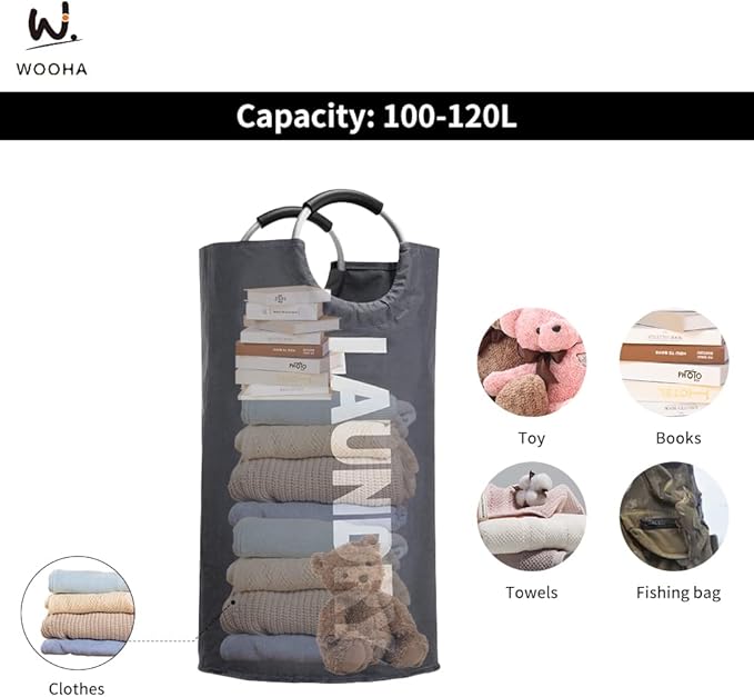 WOOHA 125L Large laundry basket, Collapsible laundry hamper, Tall Clothes - Image 4