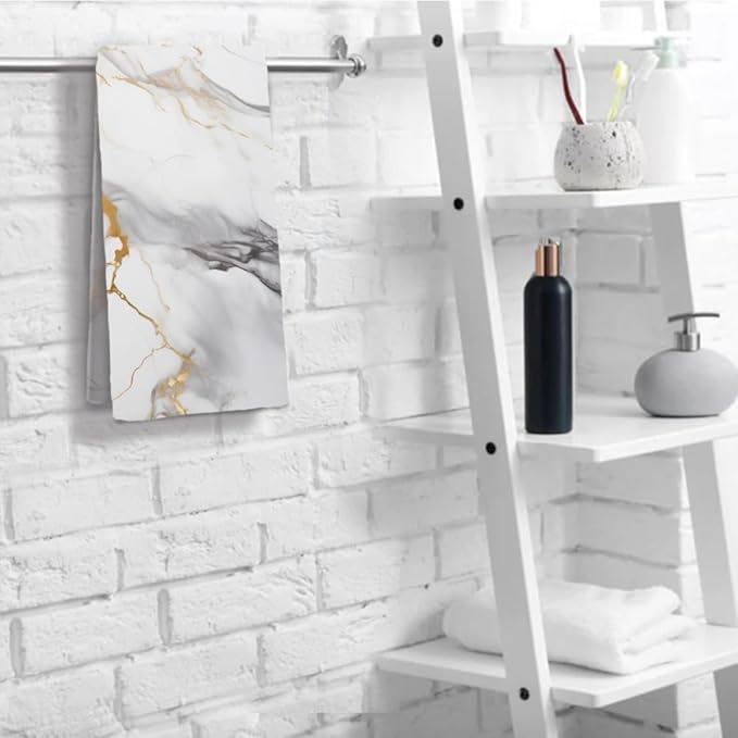 Marble Hand Towels Highly Absorbent White and Gold Marbling Bathroom Kitchen - Image 5