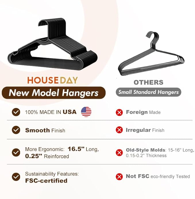 HOUSE DAY Black Plastic Hangers 60 Pack, Lightweight Clothes Hangers - Image 7