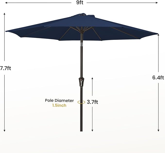 MEWAY 9ft Patio Umbrella Outdoor Table Umbrellas with Push Button Tilt and Crank, Market Umbrella 8 Sturdy Ribs for Deck, Garden, Pool and Backyard, Dark Blue - Image 7