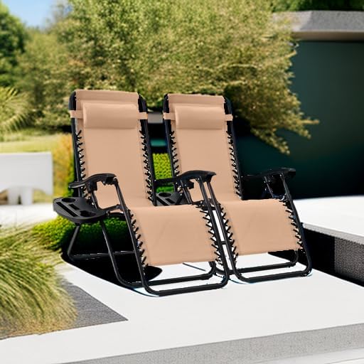 Best Choice Products Set of 2 Adjustable Steel Mesh Zero Gravity Lounge Chair Recliners w/Pillows and Cup Holder Trays - Beige - Image 2