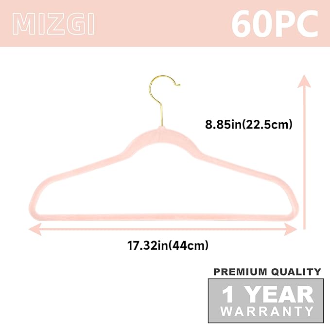 MIZGI Blush Pink Velvet Hangers 60 Pack, Premium Gold Clothes Non-Slip Felt - Image 6