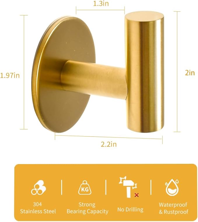 Vuzvuv Adhesive Brushed Gold Hooks, SUS304 Stainless Steel Self-Adhesive Towel - Image 2